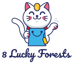 A cartoon cat waving hello and holding a blue bag with the phrase 8 Lucky Forests