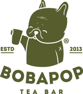 Bobapop tea bar established 2013 with bulldog holding a cup or boba