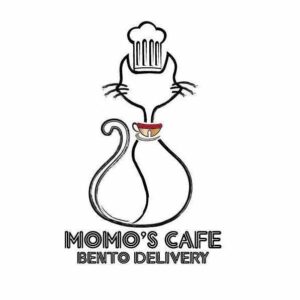 A cat in a chef's hat with the phrase Momo's Cafe Bento Delivery