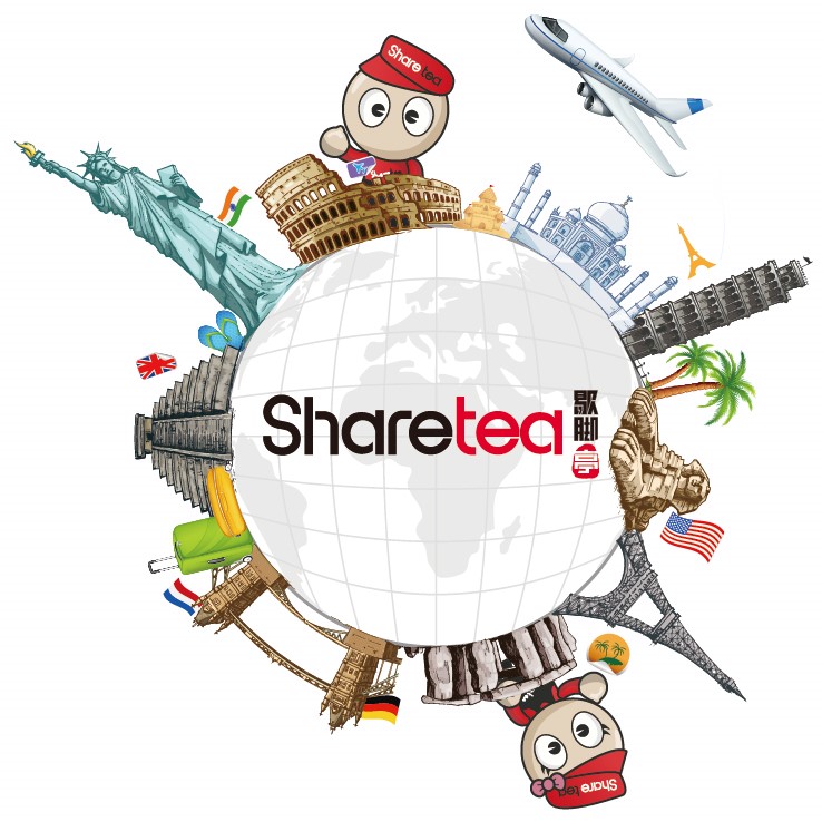 Sharetea. With a circle and cartoon characters depicting world famous tourist sites.